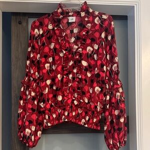 CAbi Red and Black Floral Ruffle Blouse